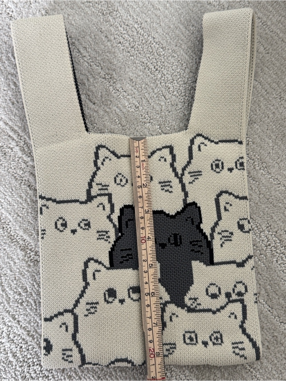 Cute Knit Cat Tote Bag Black & Cream Kitty Pattern Shoulder Bag Kawaii Coquette - Picture 3 of 5